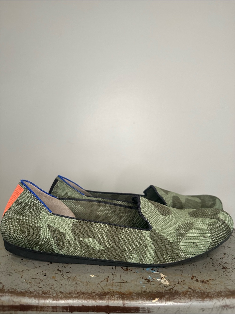 Rothy's Olive Green Camouflage Slip-On Flats with Orange & Blue Accents
